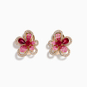 The Nature 14K Rose Gold Pink Sapphire, Rhodolite and Diamond Flower Earrings feature a floral design with pink sapphire, rhodolite, and white diamond accents, showcased on a white background.