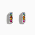A pair of Watercolors 14K White Gold Sapphire & Diamond Earrings, 1.76 TCW, featuring square-cut sapphires in blue, green, yellow, orange, and pink with diamond borders, shown on a white background.