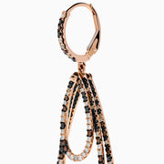 The 14K Rose Gold Espresso, Black, and White Diamond Cascading Teardrop Statement Earrings feature layered loops with alternating diamonds, recalling diamond teardrop elegance on a white background.