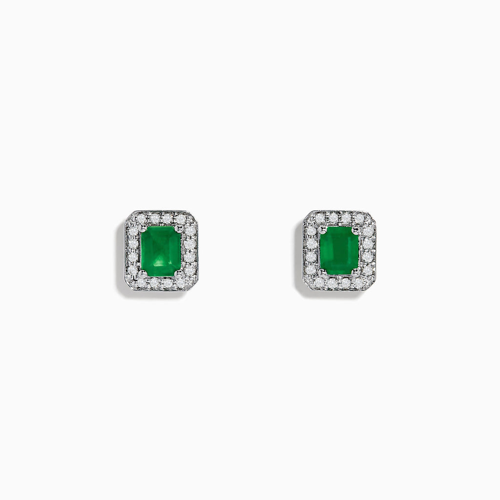 The 14K White Gold Emerald and Diamond Stud Earrings, 1.11 TCW, feature rectangular emeralds bordered by sparkling round diamonds, all set in white gold and shown on a plain white background.