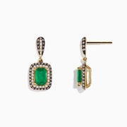 14K Yellow Gold Emerald and Diamond Drop Earrings, 2.51 TCW, featuring rectangular green emeralds framed by two rows of sparkling diamonds in a yellow gold and black metal setting.