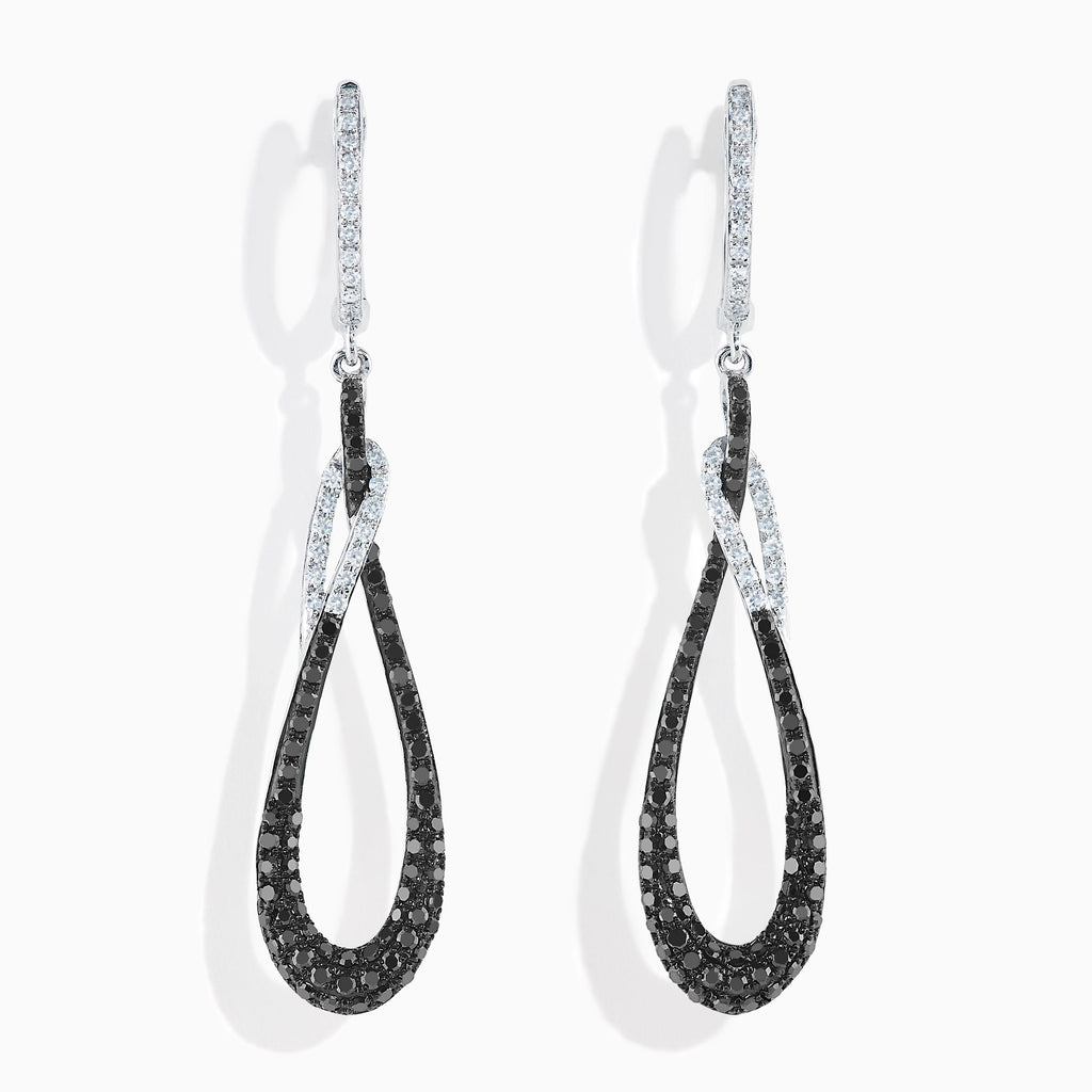 14K White Gold Black and White Diamond Interlocking Teardrop Drop Earrings
