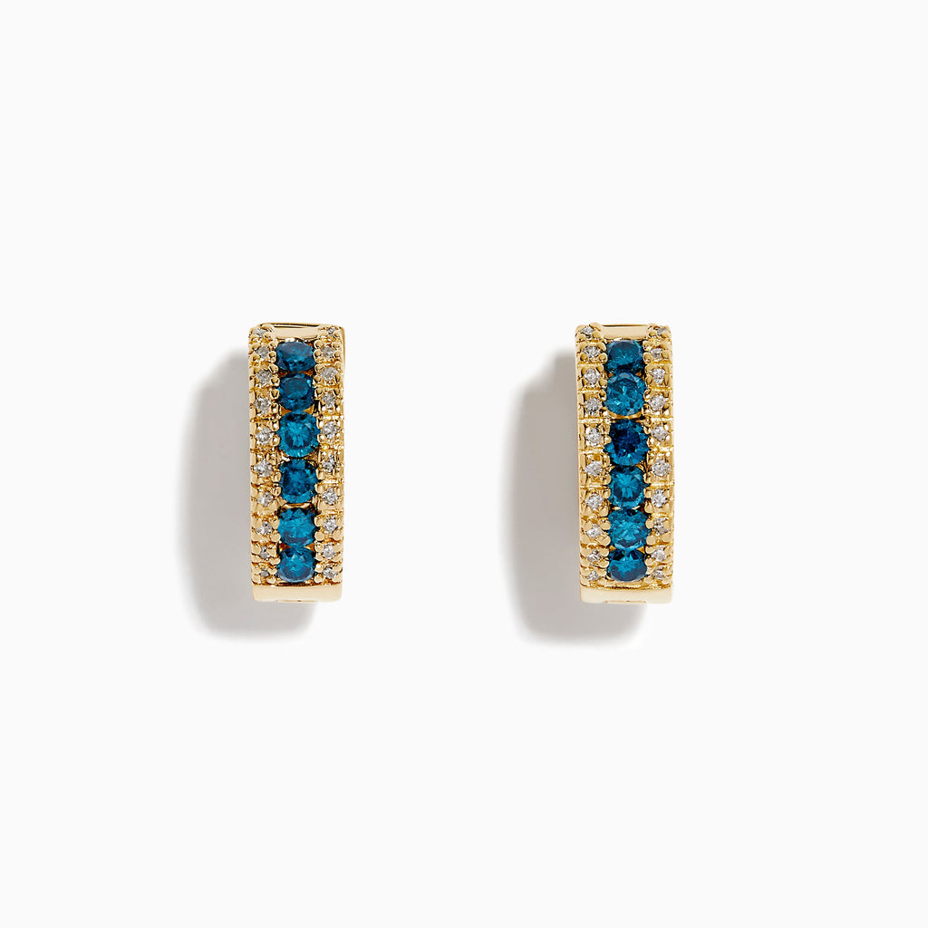 14K Yellow Gold Blue and White Diamond Three-Row Pave Huggie Earrings