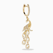 The 14K Yellow Gold Diamond Peacock Drop Earrings feature a peacock design with sparkling diamonds on the head, body, and tail feathers for a luxurious and elegant style.