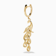 The 14K Yellow Gold Diamond Peacock Drop Earrings feature a peacock design with sparkling diamonds on the head, body, and tail feathers for a luxurious and elegant style.