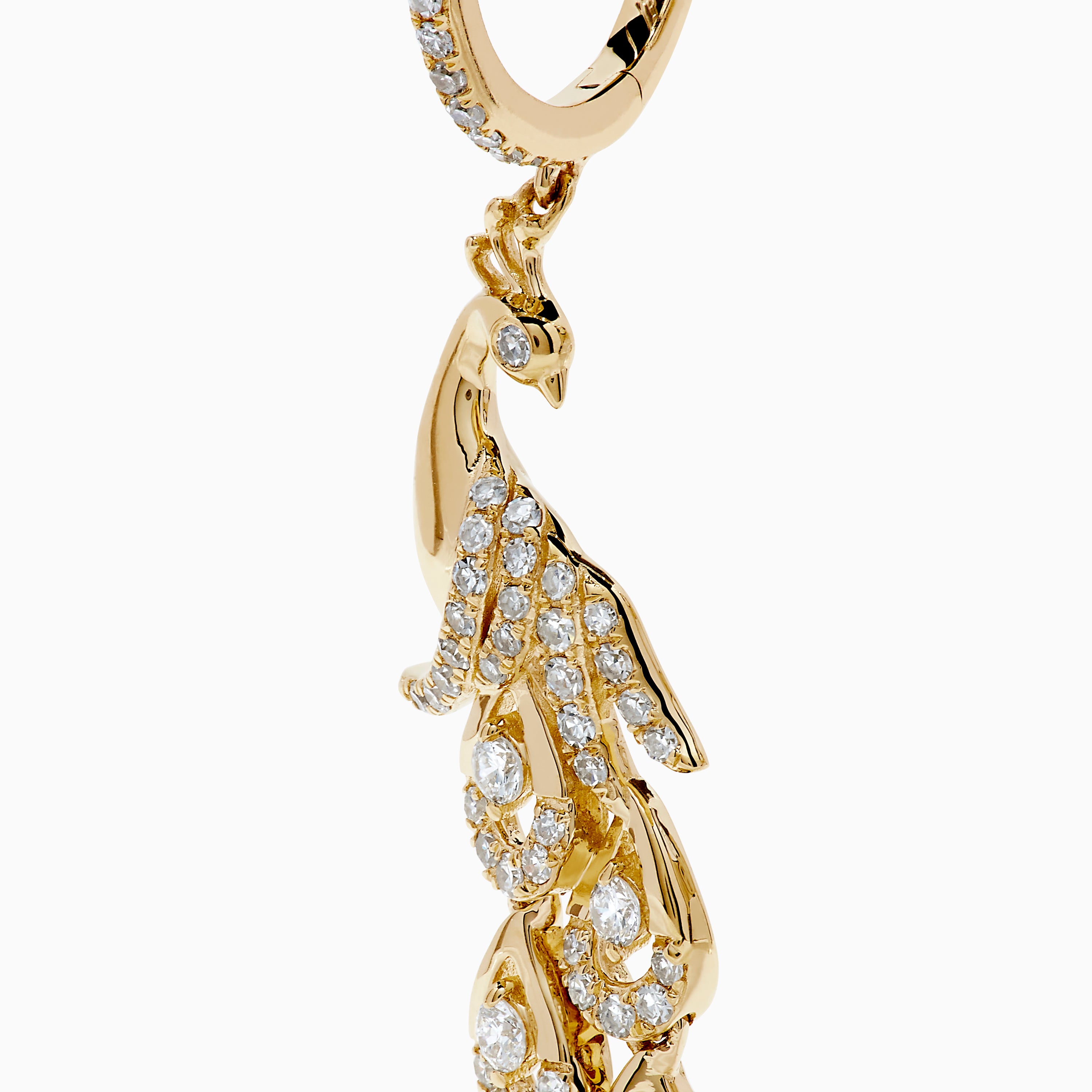 The 14K Yellow Gold Diamond Peacock Drop Earrings feature a peacock design with sparkling diamonds on the head, body, and tail feathers for a luxurious and elegant style.