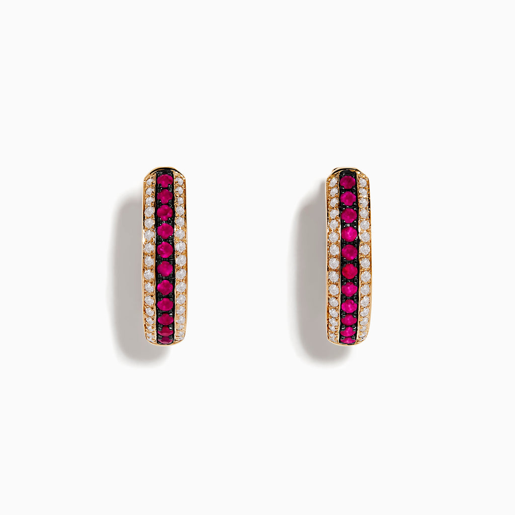 The Ruby Royale 14K Rose Gold Hoop Earrings feature a central row of rubies bordered by diamonds (0.55 TCW), elegantly displayed on a white background.