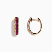 The Ruby Royale 14K Rose Gold Hoop Earrings feature a central row of rubies bordered by diamonds (0.55 TCW), elegantly displayed on a white background.