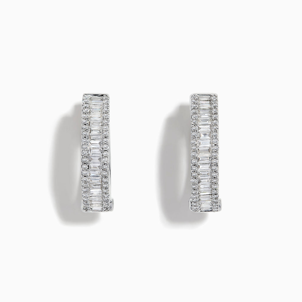 The Classique 14K White Gold Diamond 3/4 Hoop Earrings, featuring 0.94 TCW of baguette-cut diamonds set in a row, are expertly crafted and shown against a plain white background.