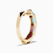 The Mosaic 14K Yellow Gold Multi Color Gemstone and Diamond Earrings feature rectangular blue, purple, and red stones separated by small diamonds, displayed against a white background.