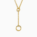 The 14K Yellow Gold Charm Holder Pendant features two circular rings—a small ring attaching to the chain and a large pendant hanging from a drop chain—shown on a white background.