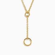 The 14K Yellow Gold Charm Holder Pendant features two circular rings—a small ring attaching to the chain and a large pendant hanging from a drop chain—shown on a white background.