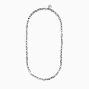 The Mens 925 Sterling Silver 22 Paperclip Chain Necklace features rectangular links in a simple, modern design. Displayed on a plain white background, the chain gently curves to highlight its length and contemporary style.