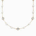 The 14K Yellow Gold Fresh Water Pearl and Mother of Pearl Necklace features alternating pearls and four-leaf clover-shaped mother-of-pearl charms, all evenly spaced along a delicate gold chain.