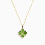The 14K Yellow Gold Peridot and Diamond Pendant features four peridots in a floral design around a central diamond, presented on a white background.