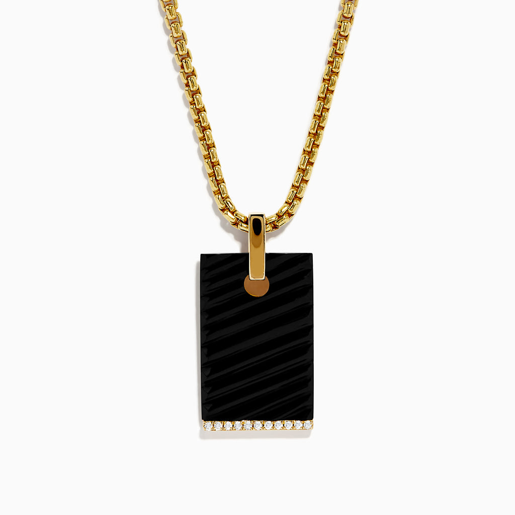 The Mens 14K Yellow Gold Diamond and Carved Onyx Pendant features a rectangular onyx with a gold attachment and a row of sparkling diamonds along the bottom edge, suspended from a gold chain necklace.