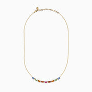The Watercolors 14K Yellow Gold Multi Sapphire and Diamond Necklace features a delicate gold chain with a gradient row of rectangular multicolored sapphires and diamond accents, displayed on a white background.