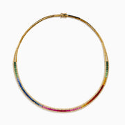 The Watercolors 14K Gold Multi Sapphire & Diamond Necklace, 11.21 TCW, showcases a rainbow gradient of rectangular sapphires accented with small diamonds, set in gold and displayed on a white background.