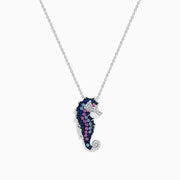 The Seaside 14K White Gold Diamond and Multi Stone Seahorse Pendant features blue, pink, and purple gems with a sparkling diamond at the curled tail.