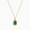 The Brasilica 14K Yellow Gold Emerald & Diamond Pendant, 1.62 TWC, features a rectangular emerald framed by sparkling diamonds on a gold chain, shown against a white background.