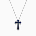 A 14K white gold cross pendant featuring blue sapphires and sparkling diamonds, totaling 0.91 carats—an elegant touch for any jewelry collection.