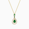The Brasilica 14K Yellow Gold Emerald and Diamond Pendant, 1.43 TCW, features a teardrop shape with vivid emeralds and sparkling diamonds, shown on a white background.