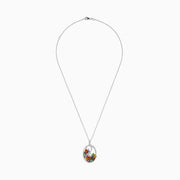 The Watercolors 14K White Gold Multi Sapphire & Diamond Pendant, 3.96 TCW, features a delicate swirl design set with vibrant red, green, blue, yellow, and purple sapphires on a thin chain for elegant appeal.