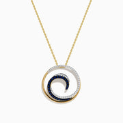 The Royale Bleu 14K Yellow Gold Sapphire & Diamond Wave Pendant (0.49 TCW) features a circular design with diamond waves, blue sapphire accents, yellow gold and silver finishes, and hangs from a fine chain for a delicate touch.