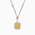 The Canare 18K Two Tone Gold Pendant features a double chain and a square pendant with yellow diamonds in the center, clear stones around, plus extra stones on the chain and bail.