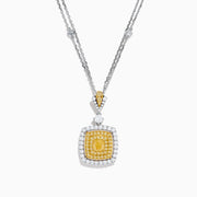 The Canare 18K Two Tone Gold Pendant features a double chain and a square pendant with yellow diamonds in the center, clear stones around, plus extra stones on the chain and bail.
