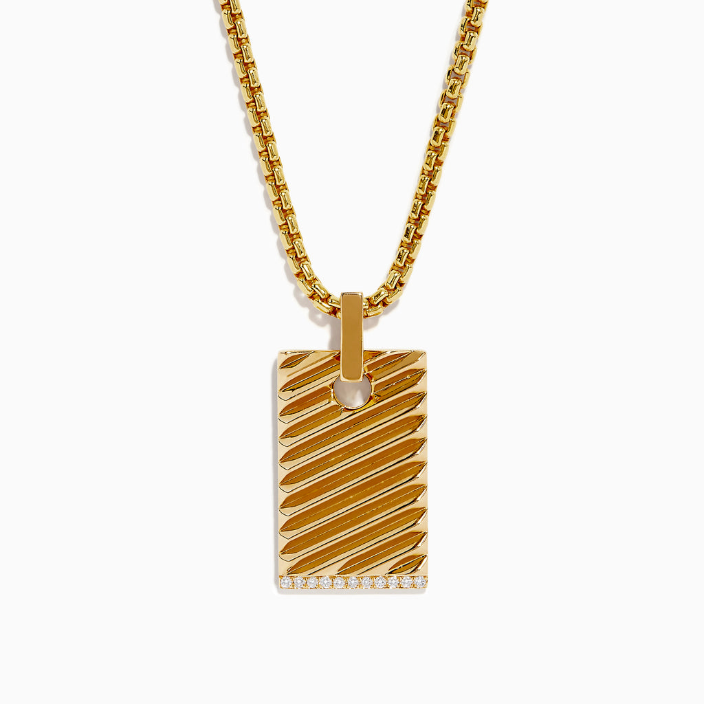 The Mens 14K Yellow Gold Diamond Pendant features a rectangular design with diagonal grooves, a row of diamonds at the bottom edge, and hangs from a thick box-style chain—a bold statement piece.
