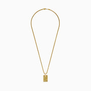 The Mens 14K Yellow Gold Diamond Pendant features a rectangular design with diagonal grooves, a row of diamonds at the bottom edge, and hangs from a thick box-style chain—a bold statement piece.