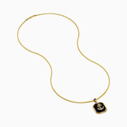 The Men's 14K Yellow Gold Onyx and Diamond Anchor Pendant features a rectangular onyx with a gold and diamond anchor in the center, beveled edges, and a medium-thickness 14K yellow gold chain.