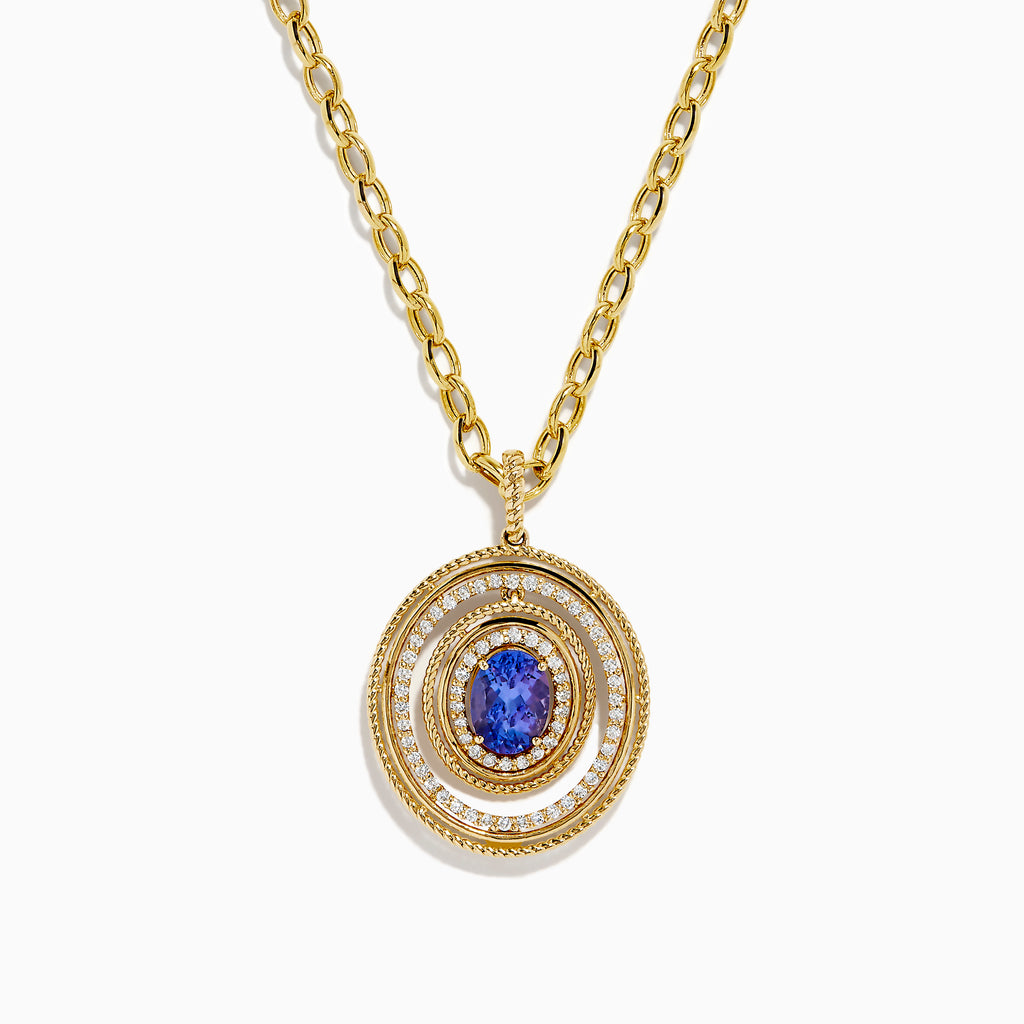 A close-up of a gold chain necklace with oval links and a lobster claw clasp, displayed vertically on white, perfect for showcasing the 14K Yellow Gold Tanzanite and Diamond Concentric Halo Pendant.