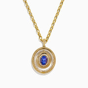 A close-up of a gold chain necklace with oval links and a lobster claw clasp, displayed vertically on white, perfect for showcasing the 14K Yellow Gold Tanzanite and Diamond Concentric Halo Pendant.