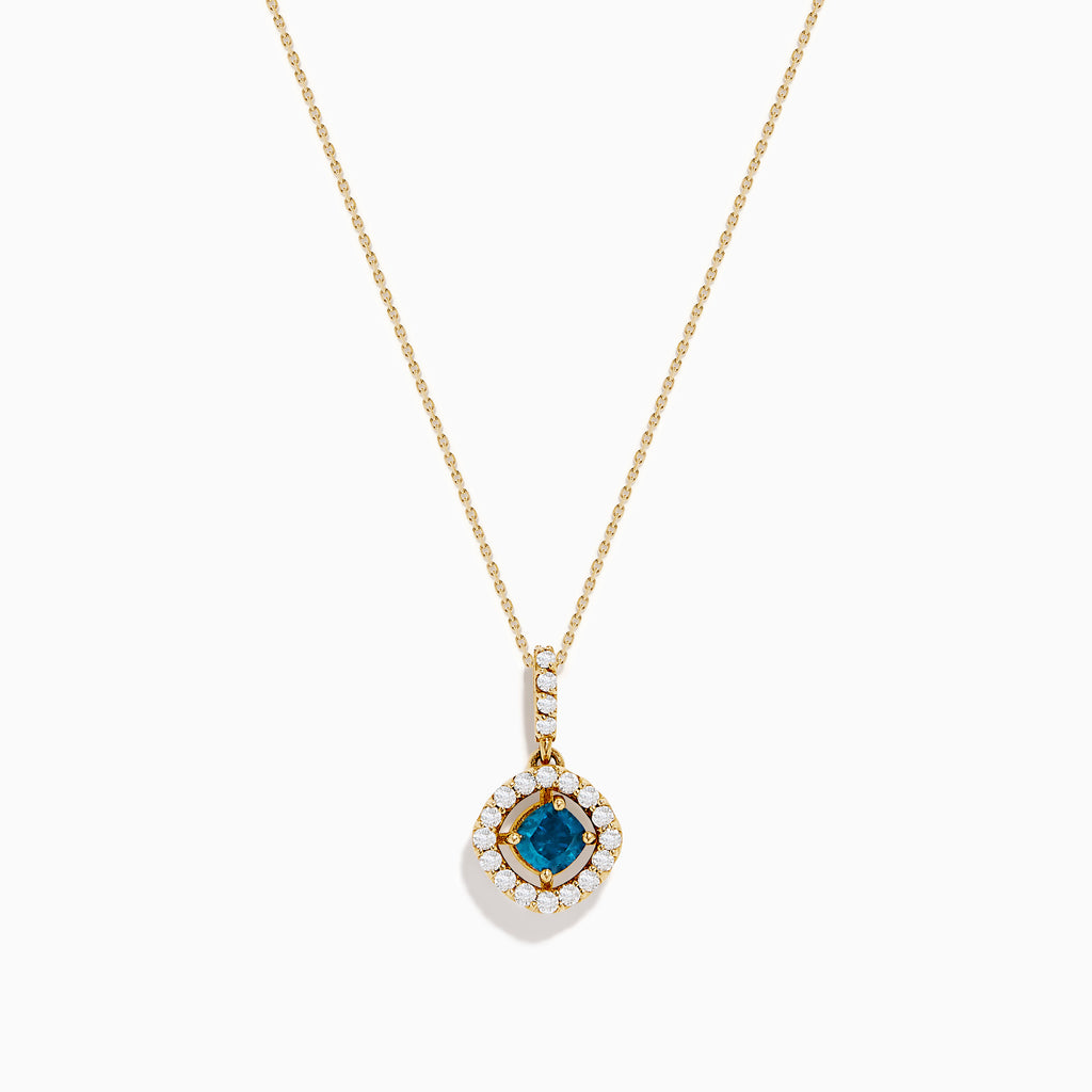 The 14K Yellow Gold Blue and White Diamond Halo Pendant features a round blue gemstone centerpiece surrounded by sparkling white diamonds, all set on a delicate fine chain.