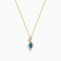 The 14K Yellow Gold Blue and White Diamond S-Curve Halo Pendant features a marquise-shaped blue and white diamond with small white stones in a symmetrical halo on a gold chain necklace.