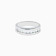 The Mens 14K White Gold 9-Stone Channel Set Diamond Band (1.00 TCW) features a row of round diamonds set horizontally in white gold, shown on a plain white background.