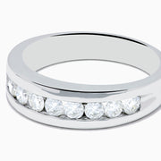 The Mens 14K White Gold 9-Stone Channel Set Diamond Band (1.00 TCW) features a row of round diamonds set horizontally in white gold, shown on a plain white background.