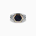 The Mens Sterling Silver & 18K Yellow Gold Black Sapphire Ring, 0.85 TCW, features a hexagonal 18K gold setting with multiple black sapphires at the center and a geometric-patterned sterling silver band.