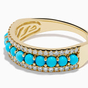 The 14K Yellow Gold Turquoise and Diamond Wedding Band showcases a central row of turquoise beads bordered by sparkling white diamonds, photographed on a white background.