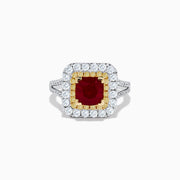 The 18K 2-Tone Gold Ruby, Yellow and White Diamond Double Halo Ring features a square ruby center, surrounded by yellow and white diamonds, set on a silver band with diamond accents.