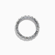 The 14K White Gold Prong Set Diamond Eternity Band, 2.00 TCW, features round clear diamonds encircling the ring and is displayed on a plain white background.