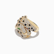 The Signature 14K Yellow Gold Emerald, Black and White Diamond Ring features a panther-inspired design with white and black diamond accents and an emerald gemstone eye, elegantly displayed against a white background.