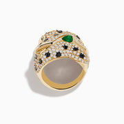 The Signature 14K Yellow Gold Emerald, Black and White Diamond Ring features a panther-inspired design with white and black diamond accents and an emerald gemstone eye, elegantly displayed against a white background.