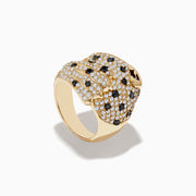 The Signature 14K Yellow Gold Emerald, Black and White Diamond Ring features a panther-inspired design with white and black diamond accents and an emerald gemstone eye, elegantly displayed against a white background.