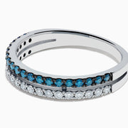 14K White Gold Blue and White Diamond Pave Double Row Ring