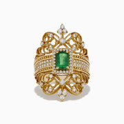 The Brasilica 14K Yellow Gold Emerald and Diamond Ring, 1.68 TCW, features a central rectangular emerald, diamond accents, and intricate filigree detailing for an elegant and elaborate design.