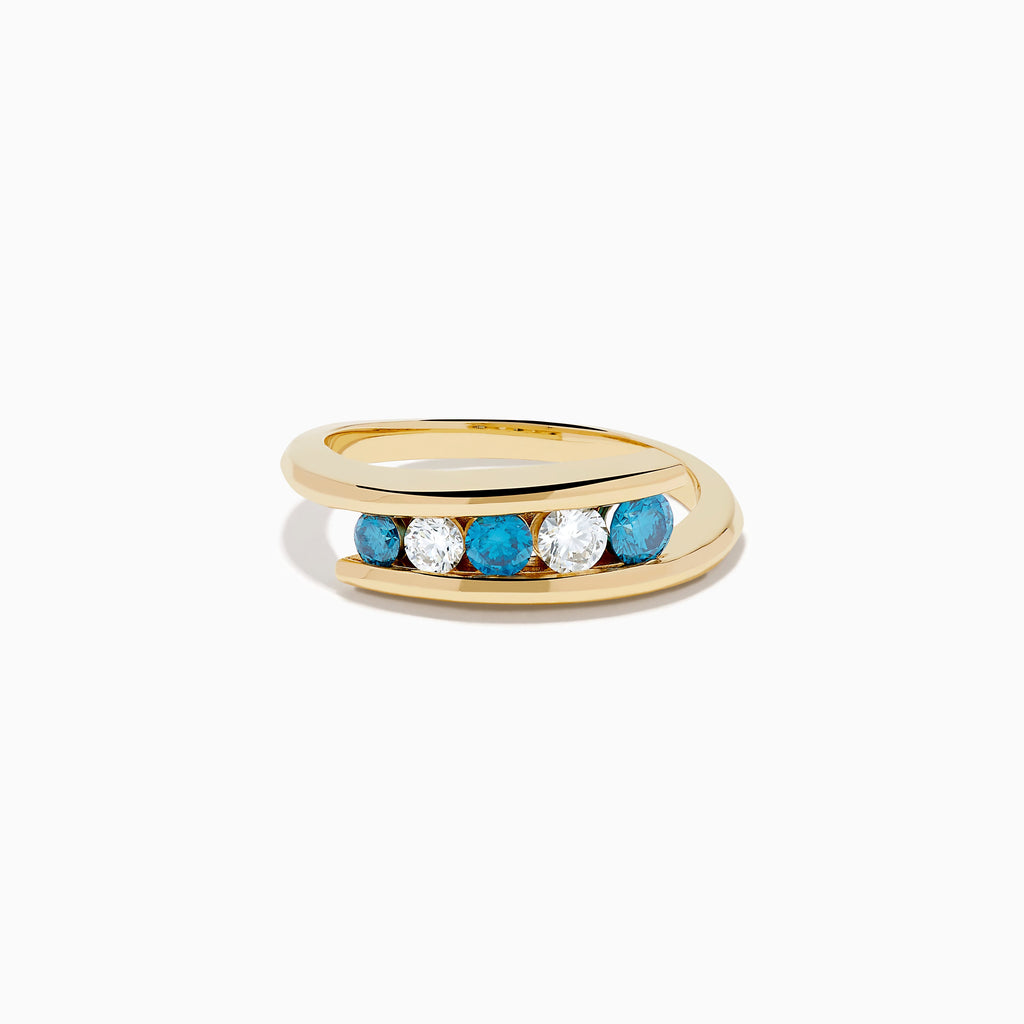14K Yellow Gold Blue and White Diamond Channel-Set Bypass Ring