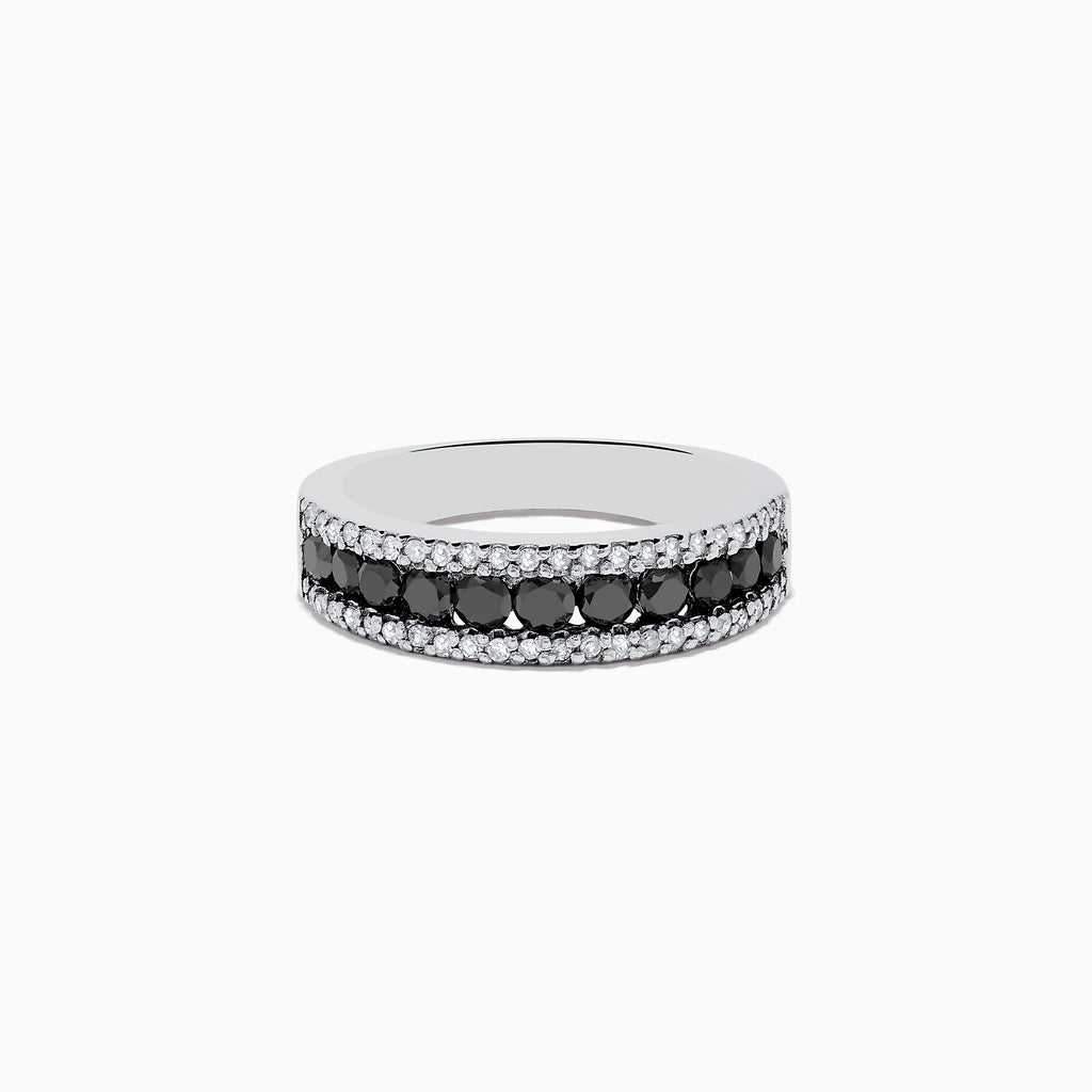 The 14K White Gold Black and White Diamond Ring features a central row of black gemstones, sparkling white diamonds on each side, and 0.89 TCW diamonds, shown against a plain white background.